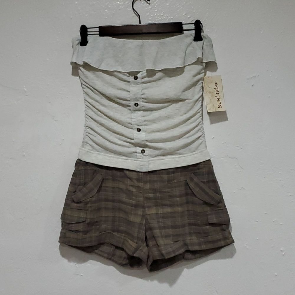 Rewind Off-White and Brown Plaid Jumpsuit